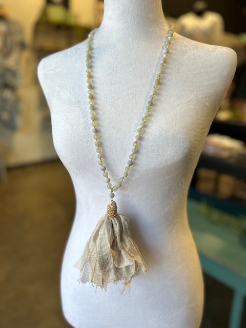 Beaded Necklace with Fabric Pom Pom