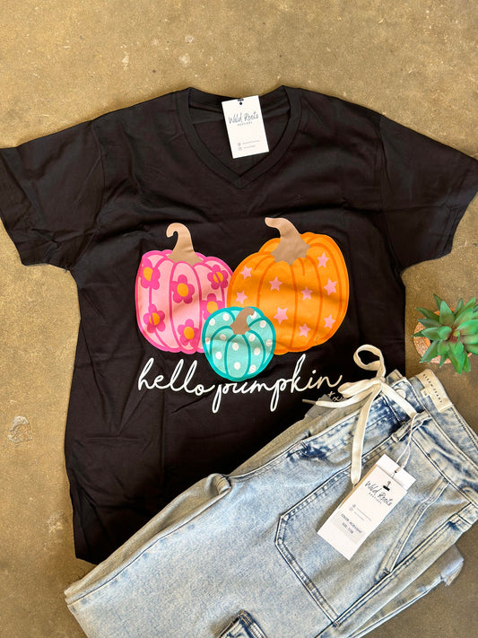 Hello Pumpkin V Neck Graphic Tee